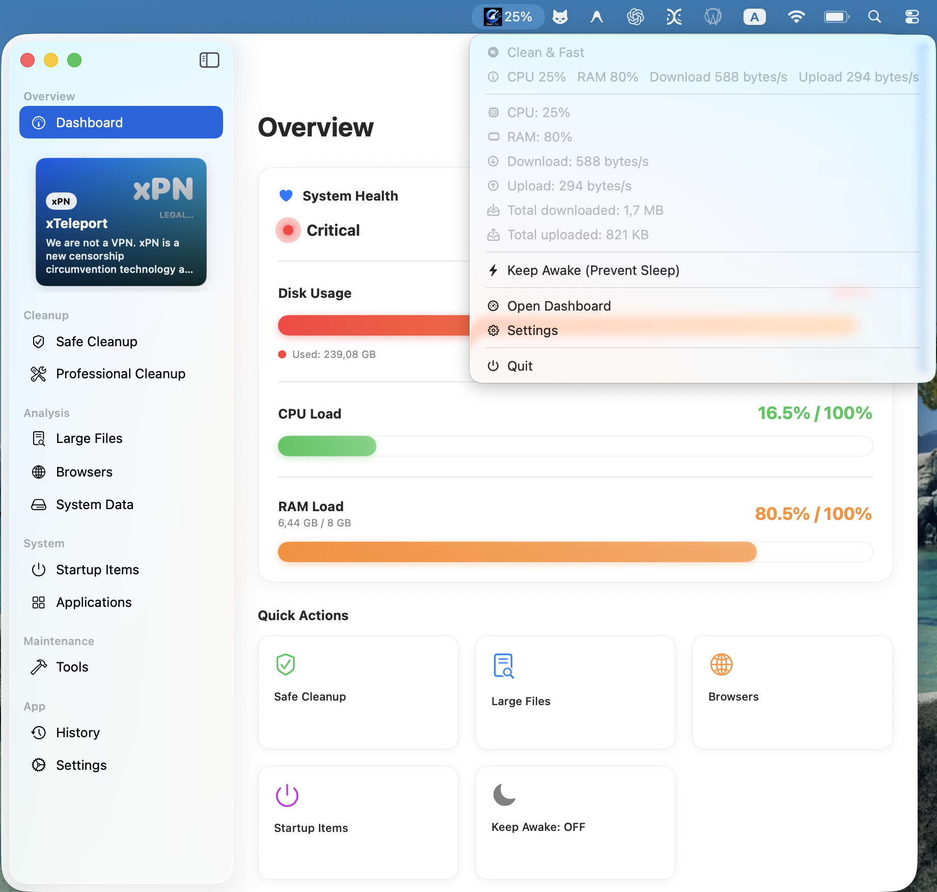 Clean & Fast main window: Dashboard with live hardware health gauges, disk capacity, and memory metrics