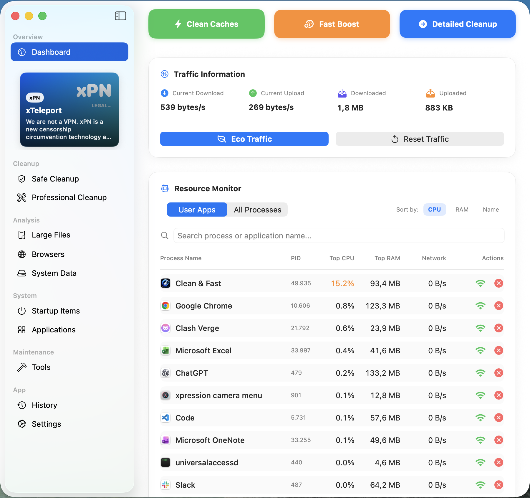 Clean & Fast screenshot: Application process inspector, memory usage, and network traffic killer