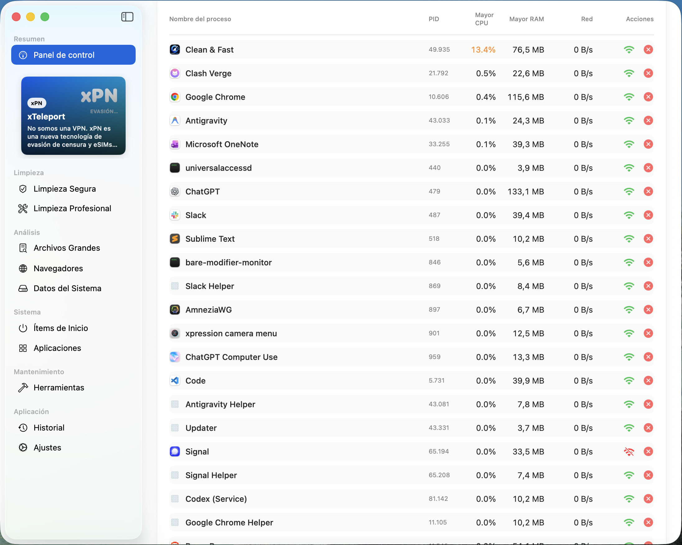 Captura de Clean & Fast: monitor de procesos en segundo plano, consumo de memoria y tráfico de red
