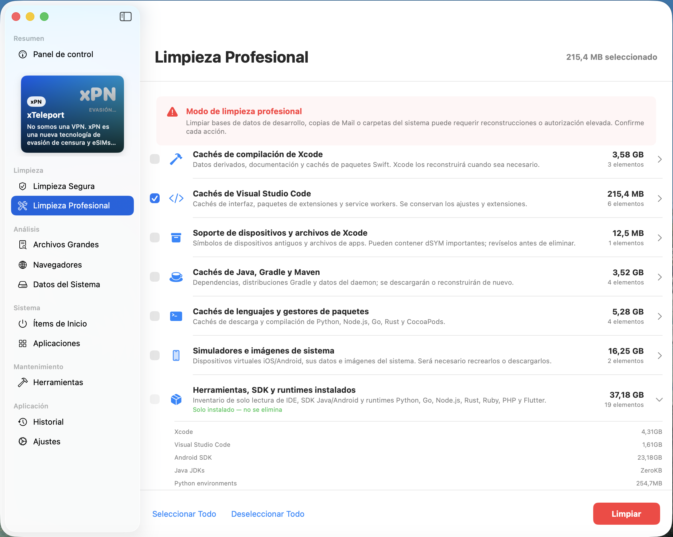 Captura de Clean & Fast: limpieza profesional para desarrolladores, cachés de Xcode, VS Code, SDKs y emuladores