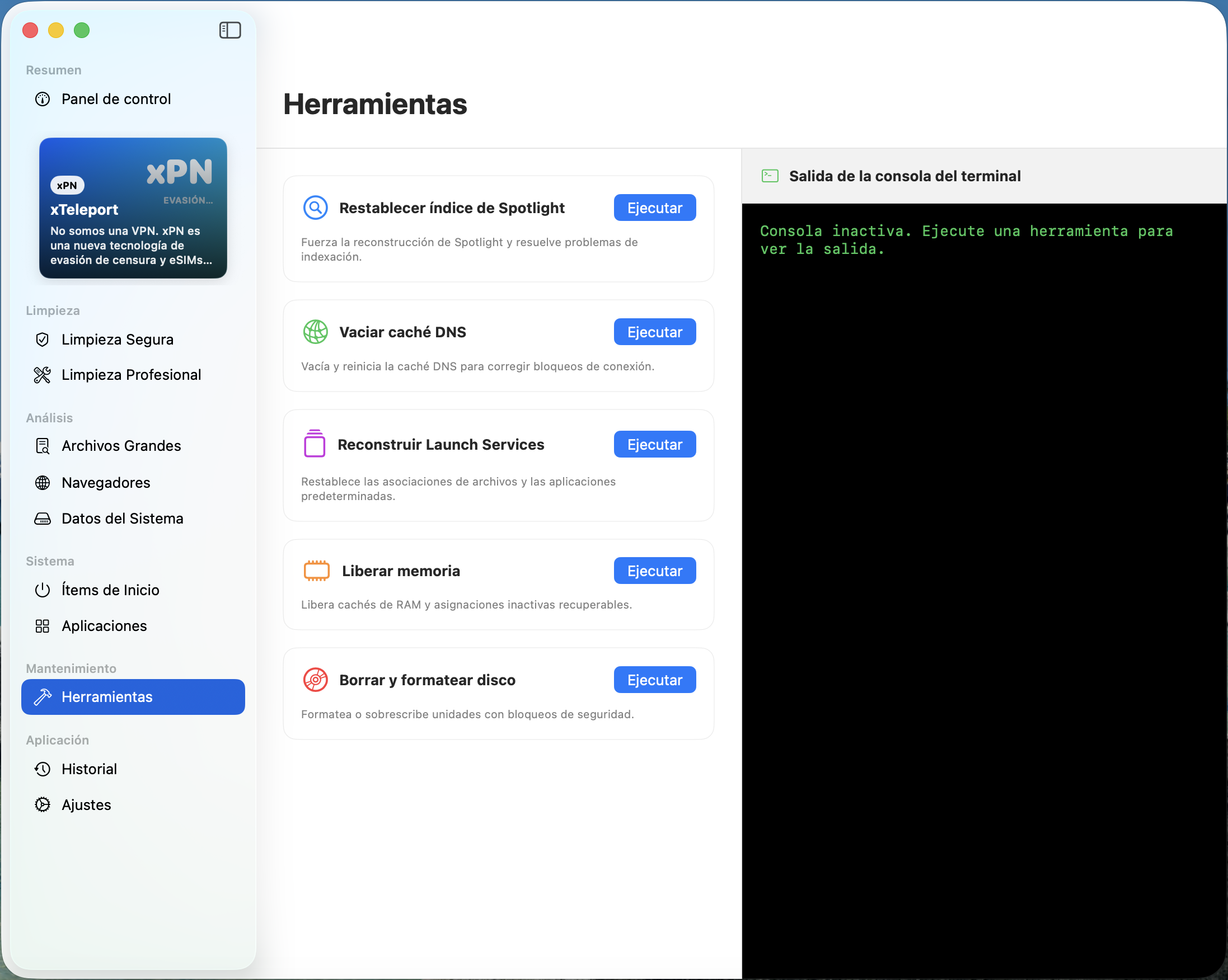 Captura de Clean & Fast: herramientas de mantenimiento para reconstruir Spotlight, vaciar DNS y consola de terminal